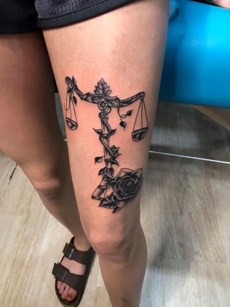 Libra Thigh Tattoo, Libra Scale Tattoo Women, Libra Spine Tattoo, Libra Tattoo Ideas For Women, Libra Scale Tattoo, Small Neck Tattoos, Left Arm Tattoos, Libra Tattoo, Scale Tattoo