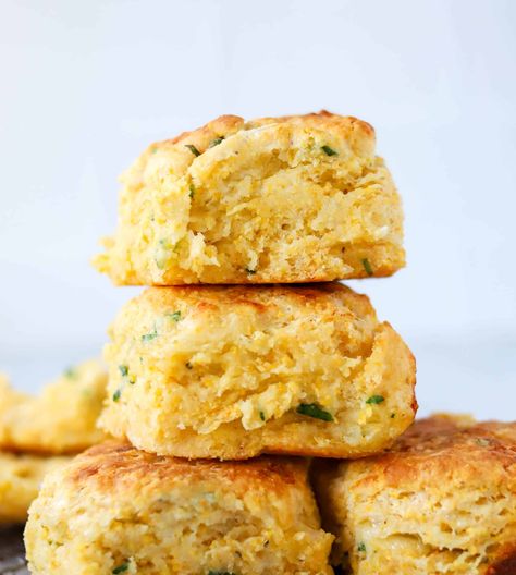 Cheddar Cornmeal Biscuits Cornmeal Biscuits Recipe, Sour Cream Banana Bread Recipe, Cornmeal Biscuits, Cornbread Biscuits, Cheesy Biscuits, Cornmeal Recipes, Sour Cream Banana Bread, Cornmeal Muffins, Buttermilk Biscuits Recipe