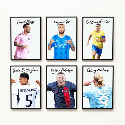 Set Of 6 Prints Messi Neymar Mbappe Ronaldo Bellingham Haaland Poster Instant Download Wall Art Mbappe Poster Soccer Birthday Gift Printable Mbappe Poster, Messi Neymar Mbappe, Soccer Themed Bedroom, Messi Mbappe, Neymar Mbappe, Soccer Room, Baseball Room, Messi Neymar, Messi And Neymar