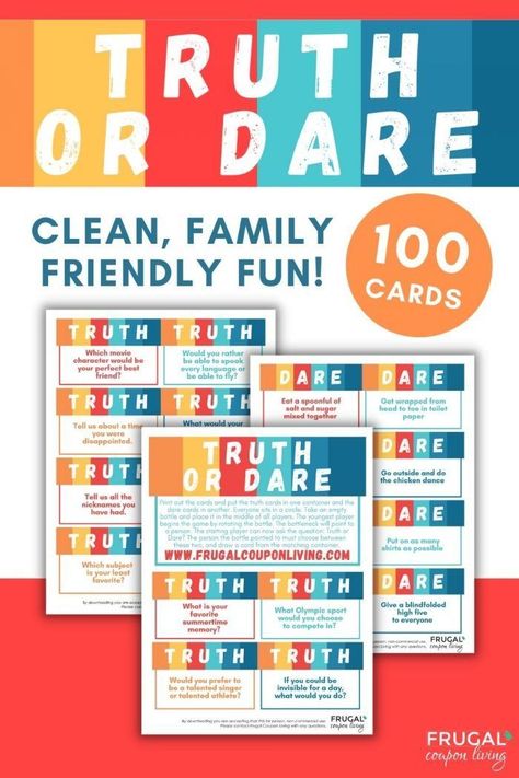 These clean Truth or Dare Questions for Kids are sure to be the hit of the party! With 50 truth questions and 50 dare questions, it's the perfect balance of both! Not only is this a clean and family-friendly version of truth or dare, but this printable truth or dare card game makes for perfect fun at sleepovers, birthday parties, and even family game night, too! These fun truth or dare printable questions are going to bring loads of laughs and forever memories!  #FrugalCouponLiving Good Truth Or Dare Questions, Elf On The Shelf Games, Truth And Dare Questions, Good Truth Or Dares, Classroom Party Games, Truth Questions, Sleepover Party Games, Truth Or Truth Questions, Questions For Kids