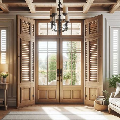 25 Stunning French Door Window Covering Ideas » HomeDecorFull Door Window Covering Ideas, French Door Window Coverings, French Door Shutters, Window Covering Ideas, Window Above Door, French Door Window Treatments, French Door Windows, Shutters Interior, Indoor Shutters