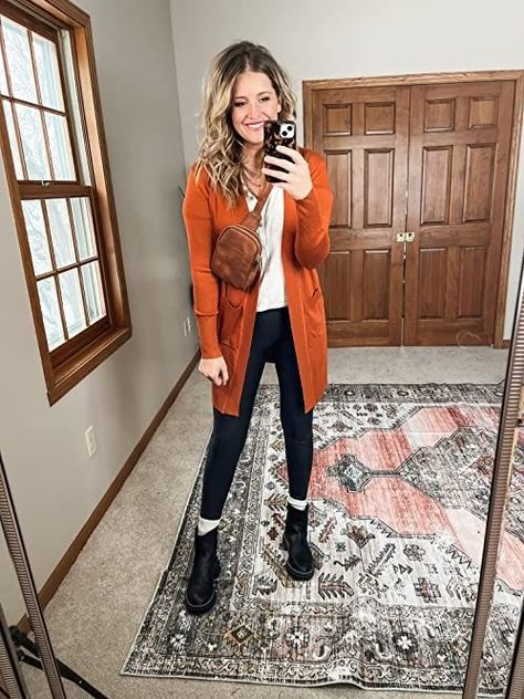 Burnt Orange Cardigan Outfit, Orange Cardigan Outfit, Walmart Boots, Orange Sweater Outfit, Spring Sweater Outfits, Burnt Orange Cardigan, Burnt Orange Sweater, Orange Cardigan, Cardigan Outfit