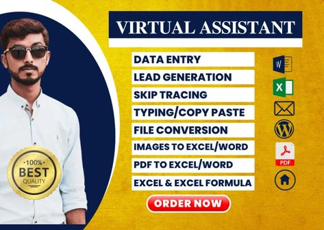 About This Gig **Are you looking for a professional Virtual Assistant/team for your task? Look No Further!!** I'm a full-time professional Virtual Assitant with 100% expertise. I also have a dedicated and competent team to manage your big/urgent task. We have more than 5 years of experience. So we love to provide guidance/help to promote your business with our professional skills. Our Services About Virtual Assistant Data Entry Typing Work PDF/Image/Scanned To Word/Excel Product Listing Virtual Assistant Images, Pdf To Excel, Excel Formulas, Professional Skills, Excel Formula, Virtual Assistant Services, Product Listing, Data Entry, Promote Your Business