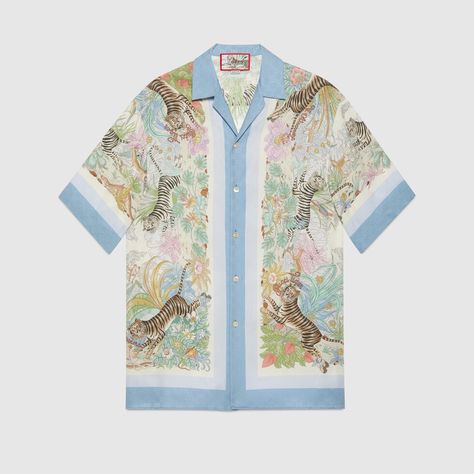 Shop the Gucci Tiger bowling shirt in blue at GUCCI.COM. Enjoy Free Shipping and Complimentary Gift Wrapping. Gucci Tiger, Dior Shirt, Gucci Shirt, Louis Vuitton Shirt, Chanel Shirt, Flora Print, Bowling Shirt, Ivory Silk, Bowling Shirts