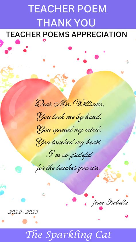 Teacher poem short. Teacher poems appreciation from kids. Editable in Canva for free! The Sparkling Cat on Etsy.com Thank You Poems For Teachers, Teacher Appreciation Poems, Unique Poetry, Teacher Poems, Cheap Teacher Gifts, Birthday Cards For Mother, Best Teacher Gifts, Watercolor Rainbow, Teacher Appreciation Week