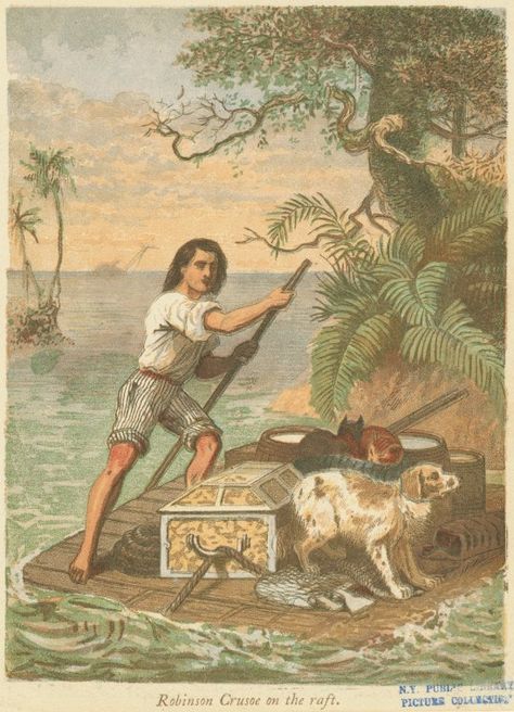 Robinson Crusoe on the raft. From: Probably from one of several editions of an adaptatation for children entitled "Robinson Crusoe in words of one syllable" by Mary Godolphin (pseudonym for Lucy Aikin), ca. 1900 Man Vs Nature, Public Domain Books, Swiss Family Robinson, Robinson Crusoe, Cultural Studies, French Books, World Literature, New York Public Library, Picture Collection