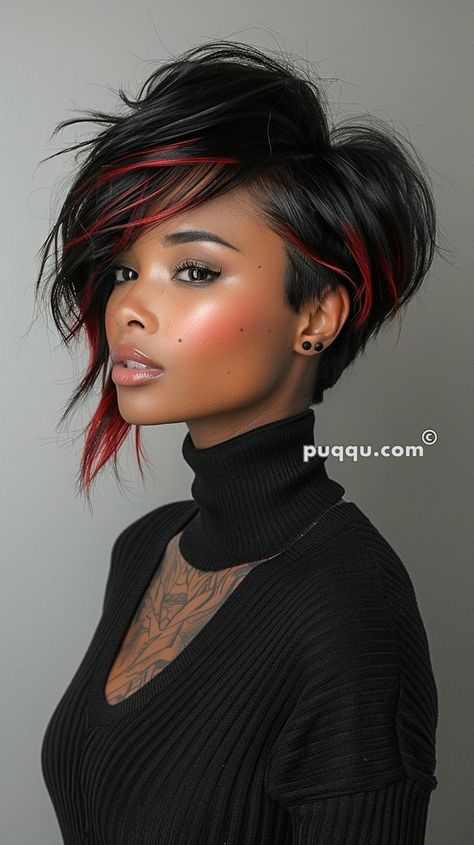 Black Hair with Red Highlights: Perfect Combo for Edgy Vibes Short Punk Hairstyle Women, Edgy Bob Hairstyles, Black Hair With Red Highlights, Eh Poems, Edgy Bob, Edgy Vibes, Rocker Hair, Black Red Hair, Dip Dye Hair