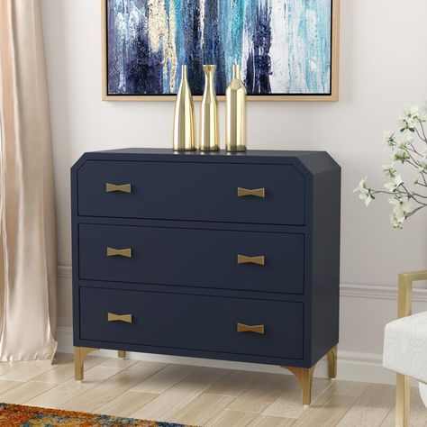 Willa Arlo Interiors Whitchurch Clip Corner 3 Drawer Accent Chest & Reviews | Wayfair.ca Navy Gold Bedroom, Blue And Gold Living Room, Blue And Gold Bedroom, Navy Bedrooms, Living Room Furniture Arrangement, Gold Living Room, Foyer Decor, Gold Bedroom, Accent Chest