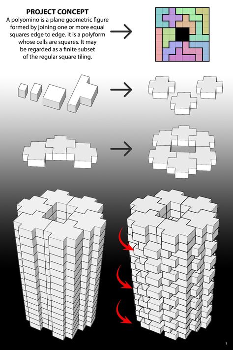 Polyomino tower | Urban Design Project Modular Public Space, Modular Design Architecture, Cell Architecture, Puzzle Architecture, Urban Design Project, Cube Project, Modular Housing, Arch Architecture, Architecture Presentation Board