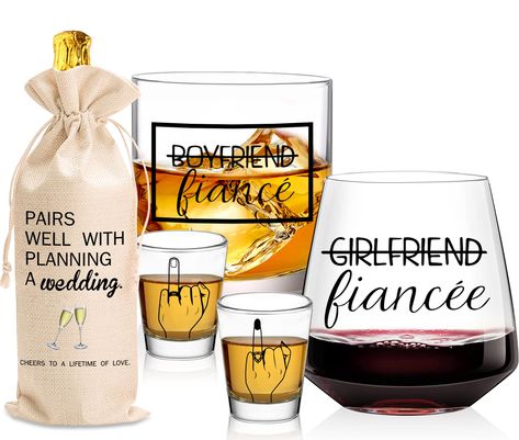 PRICES MAY VARY. 💝【Est 2024 Unique wedding gift】This 5 Pieces bride gifts consist of 10oz Stemless red wine glass and 14oz whiskey glass and 2oz Ring Finger Wedding Wine Glasses*2 and a wine bag.Designed for newlyweds, the marriage gifts set is also a top choice for the newest engagement,Valentine's Day,wedding, anniversary, newlywed, wedding registry, Mr. and Mrs, him and her gifts in 2024. 💝【Funny wine glasses set】the package comes with 5 pieces of engagement gifts glasses in 2 different sty Creative Engagement Gifts, Wine Engagement Gift, Engaged Gifts, Best Engagement Gifts, Funny Wine Glasses, Wedding Gifts For Newlyweds, Engagement Gifts Newly Engaged, Unique Engagement Gifts, Bride And Groom Glasses