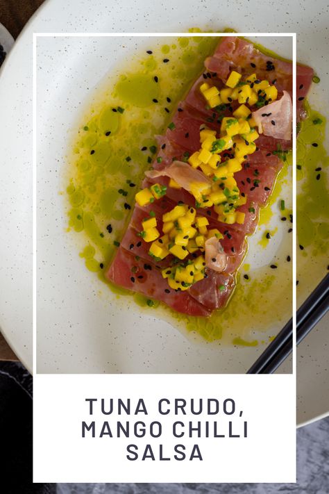 Tuna Crudo Recipe, Raw Tuna Recipes, Raw Tuna Recipe, Crudo Recipe, Salad Starter, Tuna Crudo, Scallop Crudo, Fish Tin, Carpaccio Recipe