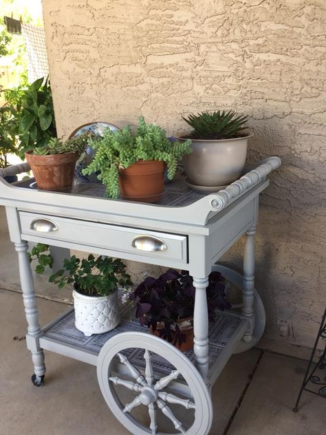 Vintage Trolley Cart, Repurposed Tea Cart, Vintage Tea Cart Ideas, Tea Carts Makeover Vintage, Painted Tea Carts, Tea Cart Ideas Decor, Vintage Tea Cart Makeover, Painted Tea Cart, Tea Cart Decor