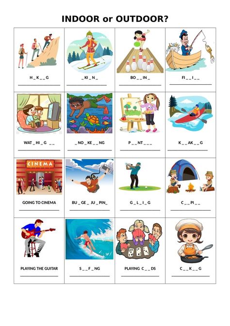 #english #englishworksheet #indooractivities #outdooractivities English Worksheet, Activities Worksheet, Vocabulary Worksheets, English Worksheets, Leisure Activities, Indoor Activities, Worksheets For Kids, Vocabulary, Outdoor Activities