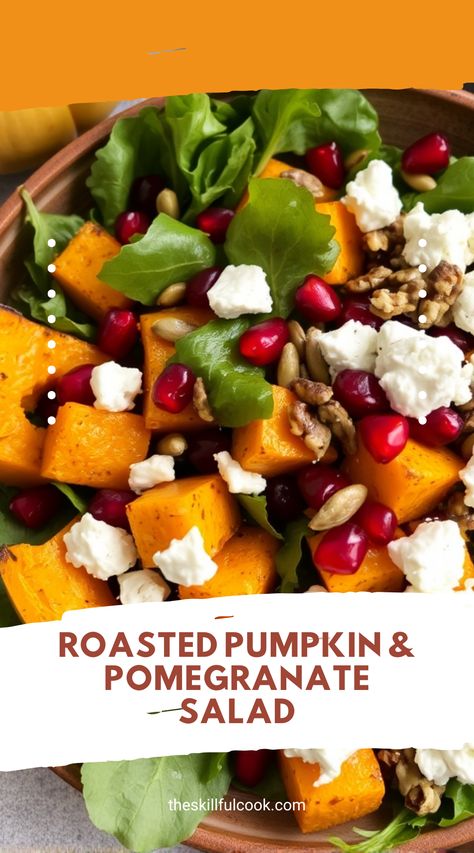 A roasted pumpkin salad with goat's cheese and pomegranate, perfect for fall dinners and healthy veggie-packed meals. Healthy Fall Salad Recipes, Butternut Squash Pomegranate, Fall Salad Recipes, Healthy Fall Salads, Butternut Squash Spinach, Winter Squash Recipes, Autumn Salad Recipes, Pumpkin Salad Pumpkin Pomegranate Salad, Dinner Recipes Veggies, Pumpkin Salad Recipes, Pomegranate Salad Recipes, Side Vegetable Dishes, Fall Bowls, Vegetable Dishes Healthy, Roasted Pumpkin Salad, Mashed Potato Cake Recipe