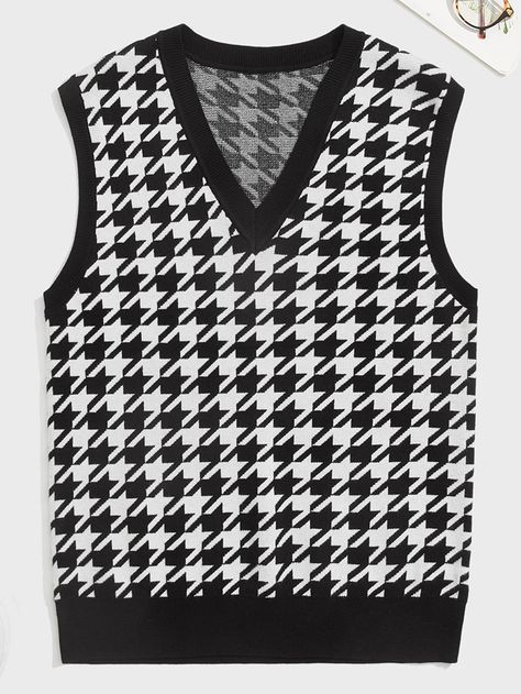 Black and White Preppy  Sleeveless Viscose Houndstooth Pullovers  Slight Stretch Spring/Fall Men Knitwear Unisex Garments, Houndstooth Knit, Men Knitwear, Shein Men, Two Piece Set Pants, Maxi Dress Cocktail, Plus Size Jumpsuit, Knitwear Men, Knitted Pullover Sweaters