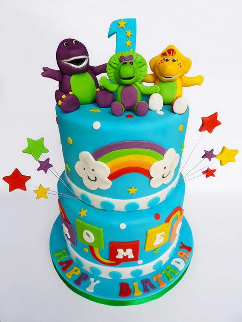 2 tier Barney and friends cake, not sure who the original design is by, the picture was supplied by the customer. Barney Birthday Cake, Barney Birthday Party, Barney Cake, Barney Party, Barney And Friends, Barney Birthday, John Deere Birthday Party, 4de Verjaardag, Friends Cake