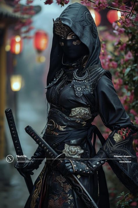 Female Ninja Assassin, Samurai Fashion, Ninja Tattoo, Samurai Clothing, Geisha Tattoo Design, Japanese Art Samurai, Female Ninja, Female Samurai, Geisha Tattoo