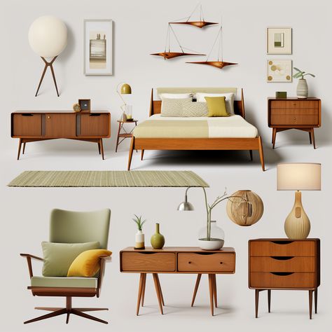 Retro Modern Bedroom Design, Bedroom Inspiration Mid Century Modern, Mid Century Airbnb, Mid Century Modern Studio Apartment Interior Design, Scandinavian Mid Century Modern Bedroom, Century Modern Bedroom, Moody Midcentury Modern Bedroom, Mid Century Modern Bedroom Mood Board, Mcm Mood Board