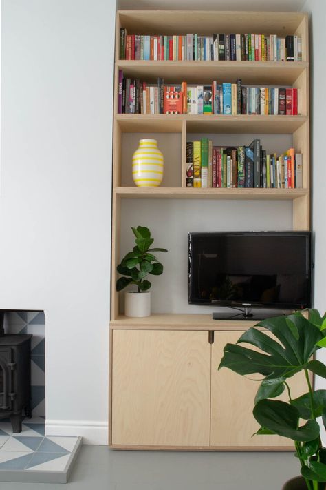 Kitchen Alcove, Alcove Storage Living Room, Cupboard Living Room, Alcove Ideas Living Room, Alcove Cabinets, Alcove Storage, Alcove Cupboards, Alcove Shelving, Plywood Storage