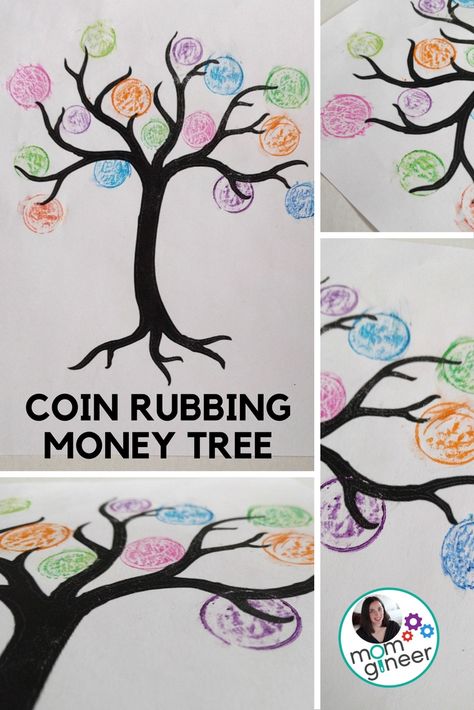 Coin rubbing money tree. Print a tree, place coins under the paper, and rub with crayons. | Meredith Anderson - Momgineer Money Art For Preschool, Money Preschool Craft, Preschool Money Crafts, Money Crafts For Preschoolers, Coin Rubbing Art, Money Crafts For Kids, Coin Rubbing, Money Activities For Kids, Money Craft