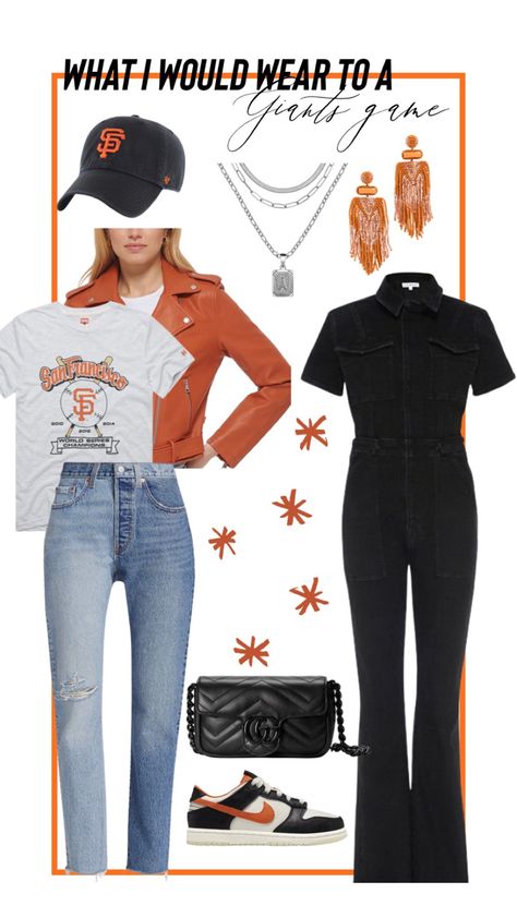 Sf Giants Game Outfit, San Francisco Giants Outfit Woman, Sf Giants Outfit Women, Sf Giants Outfit, San Francisco Giants Outfit, San Francisco Giants Baseball, Giants Baseball, Leather Moto, Levis Women