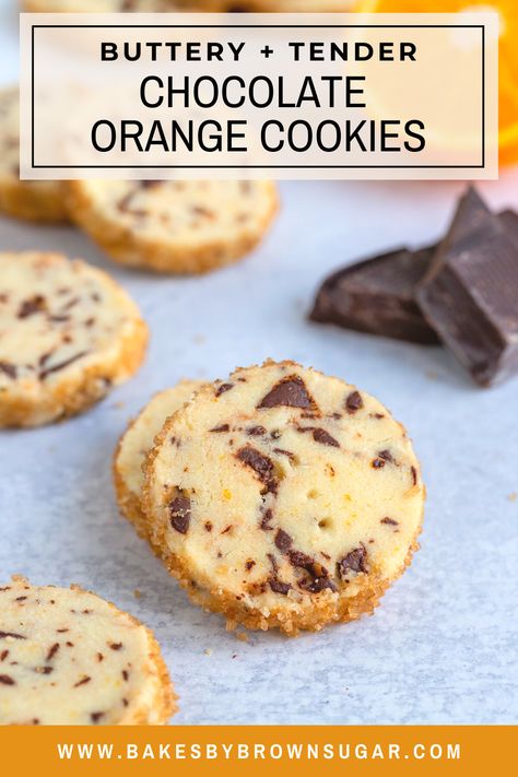 These buttery melt-in-your-mouth Chocolate Orange Cookies are perfect any time of the year. They're made with fresh orange zest, chunks of bittersweet chocolate and plenty of butter. Get the recipe at Bakes by Brown Sugar Chocolate Orange Cookies Recipes, Winter Biscuits, Chocolate Orange Biscotti, Orange Butter Cookies, Chocolate Orange Shortbread, Orange Biscuits, Orange Shortbread Cookies, Slice And Bake Cookies, Orange Shortbread