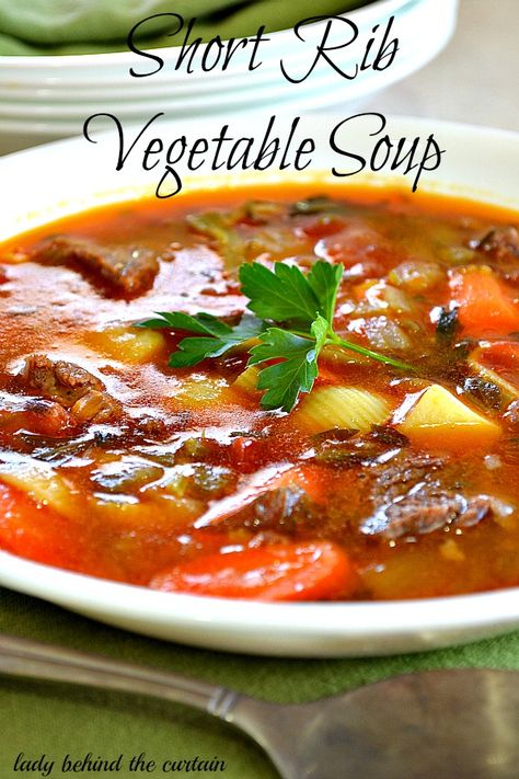 Today we’re serving up a big hot steaming bowl of vegetable soup made with short ribs! Short Rib Soup, Rib Soup, Vegetable Beef Soup, Behind The Curtain, Short Rib, Soup Kitchen, Savory Soups, Soup And Stew, Beef Soup