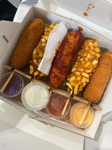 Korean corn dogs, spicy, aesthetic food, sauces, fried