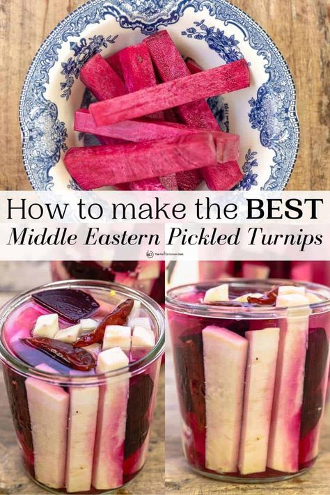 Easy Middle Eastern pickled turnips take just 10 minutes of prep! Pink pickles are a tasty, crunchy, versatile condiment for mezze, sandwiches, and more! Greek Pickled Vegetables, Pickled Turnips Lebanese Recipe, Pickled Turnips Recipe, Pickled Turnips Lebanese, Pickled Parsnips, Arabic Vegetables, Turnip Pickles, Pickled Pickles, Middle Eastern Recipes Arabic Food