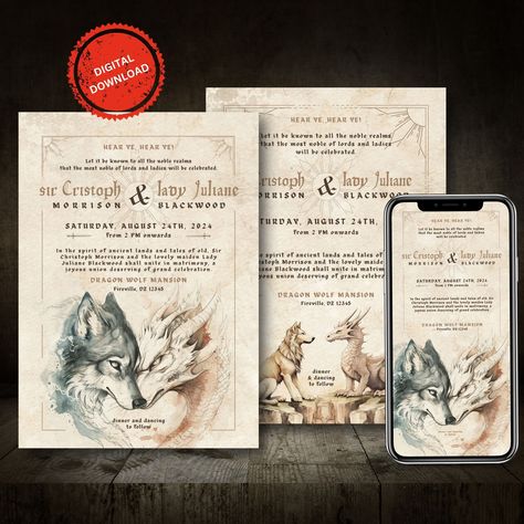 Editable Dragon and Wolf Love Wedding Invitation Template | Vintage Wedding Invitation | Medieval Knight and Maiden Wedding Instant download Knight And Maiden, Electronic Wedding Invitations, Wolf Love, Copy Print, Medieval Knight, Vintage Wedding Invitations, Photoshop Effects, Printable Wedding Invitations, Diy Printable