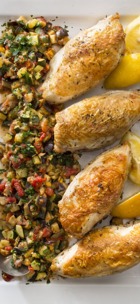 Lemon-Thyme Roasted Chicken with Ratatouille. Ratatouille With Chicken, Chicken Ratatouille, Easy Ratatouille Recipes, Ratatouille Recipe, Cooks Illustrated, Country Cooking, Americas Test Kitchen, Roasted Chicken, Cooking Dinner