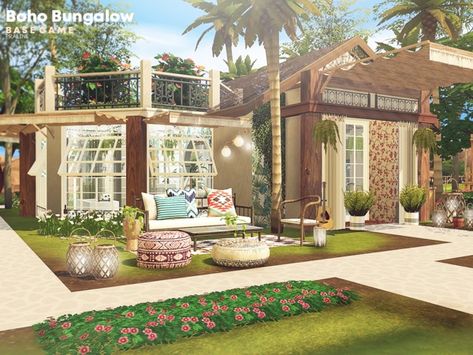 Pralinesims' Boho Bungalow Sims 4 Boho Bedroom, Lotes The Sims 4, Boho Bungalow, The Sims 4 Lots, Sims 4 Bedroom, Sims 4 House Building, Sims 4 House Design, Casas The Sims 4, Sims Building