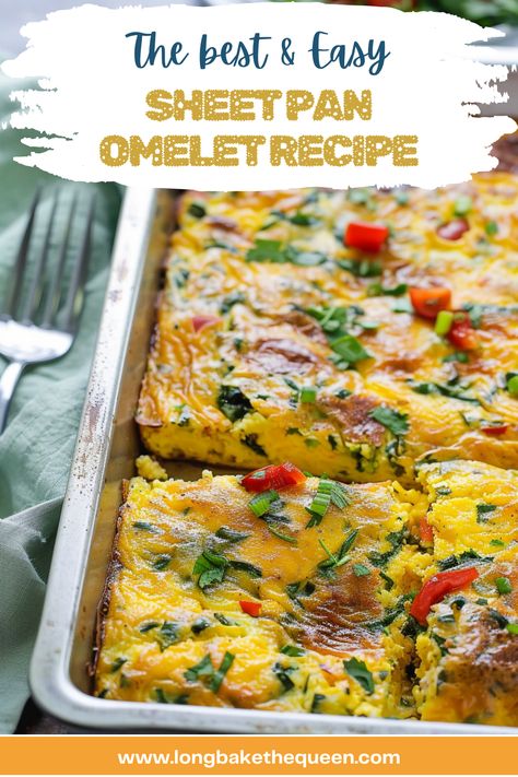 Whip up a Sheet Pan Omelet for a hassle-free, nutritious breakfast! This easy recipe combines fluffy eggs, crispy bacon, vibrant veggies, and melty cheese on one pan, making your morning meals a breeze. Ideal for meal prep or feeding a crowd, it's a delicious way to start the day. With minimal prep and easy cleanup, you'll have more time to enjoy with your loved ones. Ready in just 30 minutes, it's perfect for busy mornings. Pin this recipe now and make your breakfasts effortlessly delicious! Sheet Pan Egg Meal Prep, Easy Sheet Pan Breakfast, Omelet For A Crowd, Sheet Pan Egg Recipes, Egg Pan Recipes, Eggs In A Pan, Sheet Pan Egg Bake, Sheet Pan Omelette Recipe, Sheet Pan Frittata