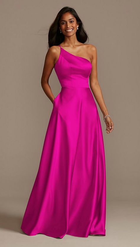 Hot Pink Bridesmaid Dresses, Asymmetrical Bridesmaid Dress, Hot Pink Bridesmaids, Hot Pink Weddings, Rose Fushia, Net Skirt, Maxi Dress Wedding Guest, Bridesmaid Dressing Gowns, Fuchsia Dress