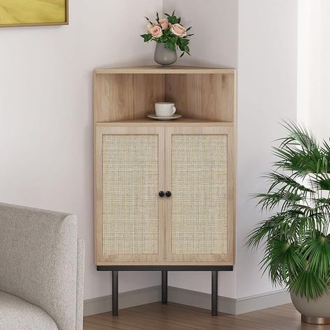 Amazon.com: XIAO WEI 39 Inch 4-Tier Corner Cabinet with Two Handmade Natural Rattan Doors, Freestanding Corner, Corner Shelf, Corner Table for Small Spaces, Corner Bathroom Cabinet, Metal Legs : Home & Kitchen Corner Accent Table, Small Corner Table, Corner Bathroom Cabinet, Rattan Doors, Armoire D'angle, Shelf Corner, Corner Storage Cabinet, Corner Furniture, Bedroom Corner