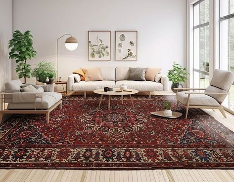 Living Room Inspiration Persian Rug, Living Room With Red Rug, Persian Decor Living Rooms, Living Room With Persian Rug, Persian Rug Living Room Modern, Red Persian Rug Living Room, Living Room Persian Rug, Persian Carpet Living Room, Persian Rug Bedroom