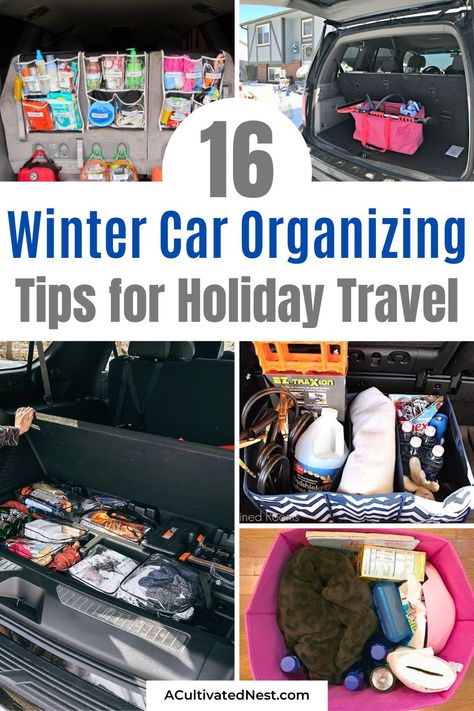 16 Winter Car Organizing Ideas to Keep You on the Road- Stay prepared and organized this winter with our winter car organizing ideas! From emergency kits to clever hacks, these tips will keep you safe and your car in top shape. Perfect for those snowy and cold commutes! | #WinterCarTips #CarOrganization #WinterSafety #organizing #ACultivatedNest Winter Car Survival Kit, Tahoe Organization Ideas, Suv Organization Ideas, Home Health Nurse Organization Car, Car Storage Ideas Organizing, Things To Keep In Your Car, Car Emergency Kit For Women, Suv Organization, Winter Car Emergency Kit