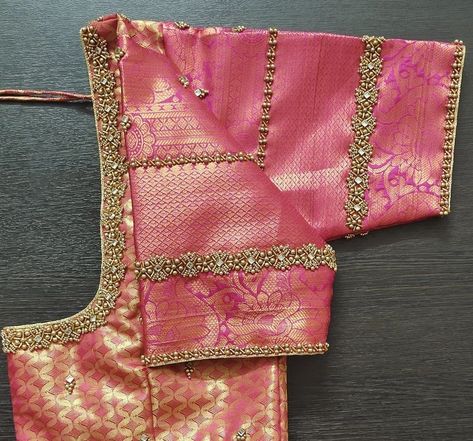 Simple Aari Work Silk Blouse Design, Peach Blouse Maggam Work Designs, Kasavu Blouse Design, Gold Blouse Aari Work Designs, Pink Blouse Work Designs, Pink Blouse Aari Work Design, Pink Blouse Designs For Saree Silk, Aari Work Blouse Design Images, Simple Aariwork Blouse