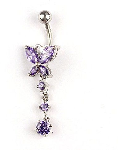 Pooqdo (TM) Crystal Butterfly Dangle Ball Barbell Bar Belly Button Navel Ring (Purple) Naval Piercing, Pretty Piercings, Bellybutton Rings, Cute Belly Rings, Ear Jewellery, Belly Piercings, Nose Ring Jewelry, Bellybutton Piercings, Belly Button Piercing Jewelry