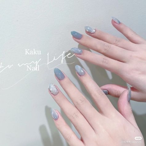 Nail Art Blue Pastel, Nail Korean Style Blue, Kebaya Biru Pastel, Pastel Blue Nails Design, Nail Art Aesthetic Pastel, Blue Korean Nails, Blue Pastel Nails, Nailart Blue, Nail Art Blue