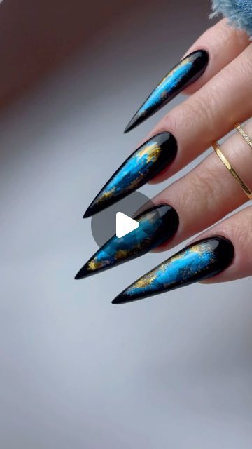 Foil Transfer Nails, Blue And Bronze Nails, Dark Blue Fall Nails, Metallic Navy Blue Nails, Navy Blue Stiletto Nails, Transfer Foil Nails, Fall Blue Nails 2024, Navy Blue Holographic Nails, Transfer Foil