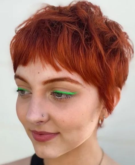 Redhead Pixie Haircut, Red Head Pixie Haircut, Cherry Red Pixie Haircut, Orange Pixie Hair, Pixie Color Ideas, Copper Pixie Hair, Short Red Hair Pixie, Colorful Pixie Cut, Copper Pixie Cut