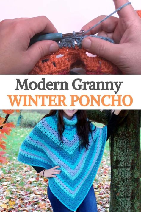 This Modern Granny Winter Poncho pattern could really be called, “Modern Granny Meets Glacier Cowl”. If you are someone who doesn’t like anything on your neck, you can simply leave off the collar and still have a beautiful winter poncho. Granny Square Poncho, Crochet Cowls, Winter Poncho, Poncho Design, Poncho Crochet, Cowl Neck Poncho, Crochet Cowl Pattern, Crochet Shawl Pattern Free, Crochet Poncho Patterns