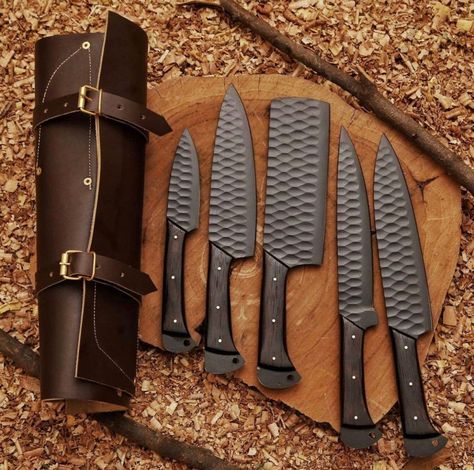 "Product Details: CHEF KNIVES SET With Highest Quality Damascus Steel Blade Material : DAMASCUS STEEL TRUE 512 LAYERS Handle Material : Rosewood,  Overall Length : 9\" to 11.5\"INCHES Sharp Durable Edge A beautiful Unique Chef Knives Set made by superb knives is one of the best. Well balanced, with perfect proportions, it is perfect for everyday work. Use this Knife for daily help . Premium quality Handmade Leather Sheath Included. Damascus Steel 1095 and 15n20 Forged layer steel . Beautiful hig Handmade Chef Knife, Damascus Kitchen Knives, Damascus Chef Knives, Chef Kitchen, Knife Gifts, Leather Roll, Damascus Knife, Knife Set Kitchen, Chef Knives