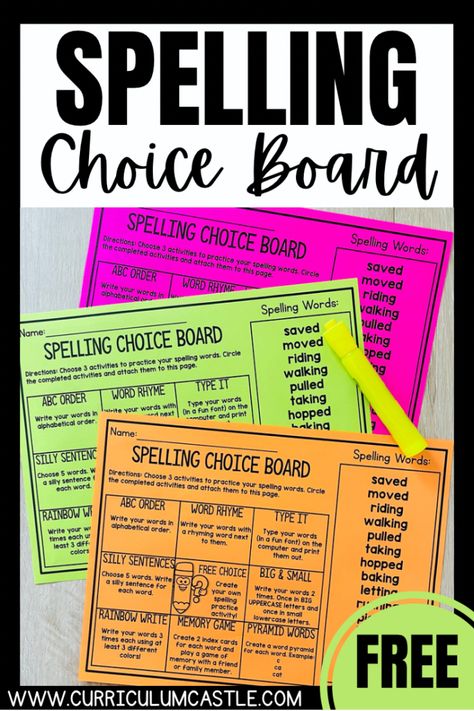 FREE editable spelling choice board activities! Personalize your student's homework and the way they practice their spelling words each week. Spelling Word Choice Board, Word Work Choice Board 2nd Grade, Spelling Choice Boards 2nd Grade, Spelling Homework Ideas 2nd Grade, Spelling Menu 3rd, Spelling Centers For 3rd Grade, Fourth Grade Spelling Activities, Spelling List Activities, Spelling Activities For 3rd Grade