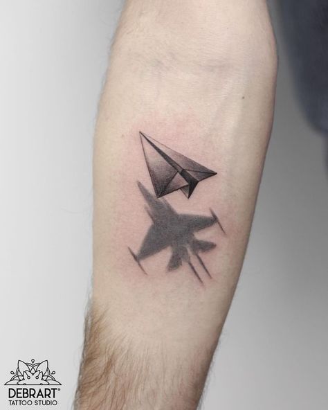 Imagination paper plane with jet shadow tattoo. Paper Airplane Tattoo, Airplane Tattoo, Origami Tattoo, Paper Airplane, Tattoo Meaning, Tattoo On, Origami, Black And White, Tattoos