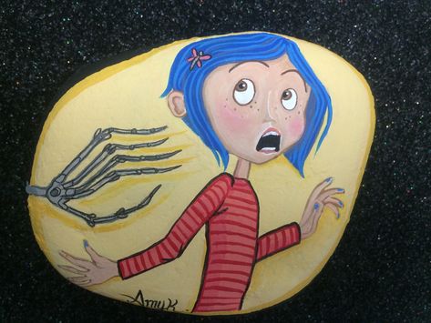 Coraline hand painted rock. Coraline Green Stone, Coraline Hand, Tv Character, Stone Wallpaper, Art Rock, Painting Rocks, Paint Rock, Rock Painting Designs, Painting Designs