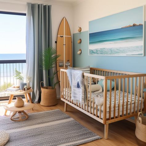 Baby Surfer nursery Surf Inspired Nursery, Ocean Baby Rooms, Surfer Nursery, Surf Nursery, Deco Surf, Vintage Kids Room, Gender Neutral Baby Nursery, Newborn Room, Surf Room