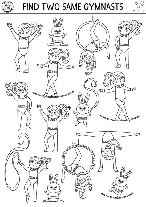 Find two same gymnasts. Circus black and white matching activity for children. Amusement show educational line quiz worksheet for kids. Simple printable game or coloring page Circus Worksheets, Gymnastics Coloring Pages, Kindergarten Colors, Circus Characters, Tools Drawing, Worksheet For Kids, Vector Character Design, Printable Game, Free Play