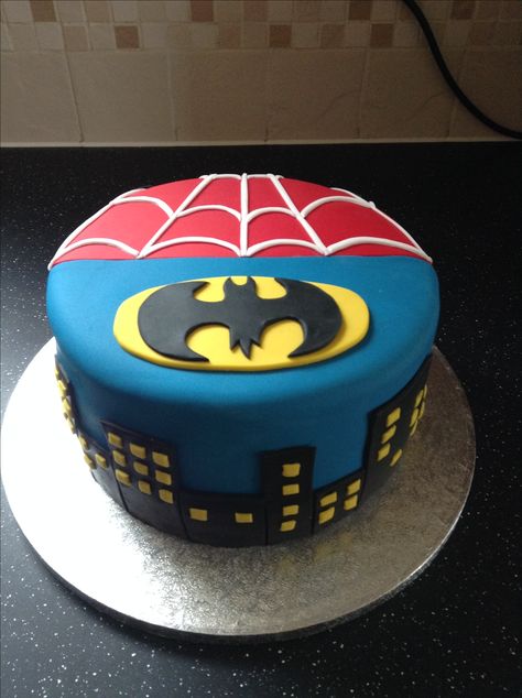 Spider Man Batman Cake, Spider Man And Batman Cake, Batman And Spiderman Cake, Twin Cakes, Spider Man Theme, Octonauts Cake, Pasta Cake, Twins Cake, Superhero Birthday Cake